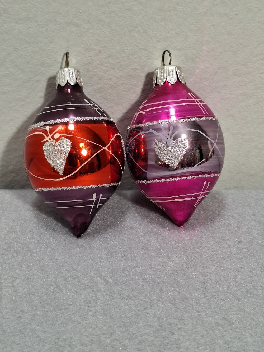 2 Vintage Mercury Glass Handpainted Hearts Glitter Teardrop Christmas Ornaments